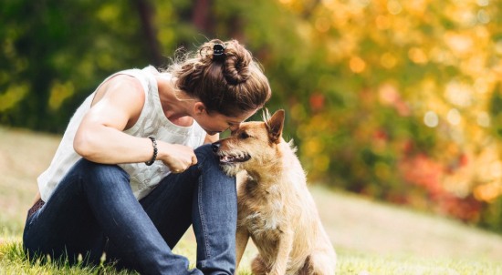 Frau mit dem Armband "Freundschaft verbindet!" sitzt mit Hund auf einer Weise