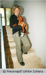 Frau trägt ihren kleinen Hund durchs Treppenhaus - Rücksichtnahme im Mietshaus ist wichtig