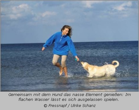 Frau tollt mit Hund am Strand