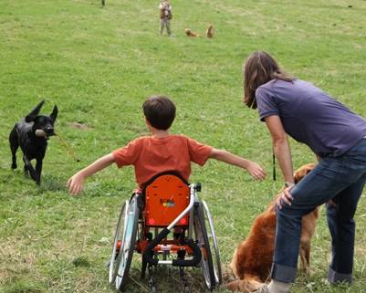 Junge im Rollstuhl beim Dummytraining mit seinem Hund
