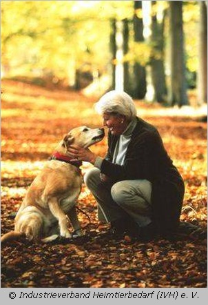 Ältere Dame mit Hund im Wald 